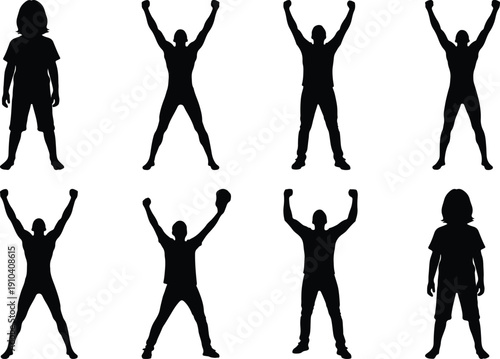 Silhouettes of people celebrating with arms raised and one with hat.