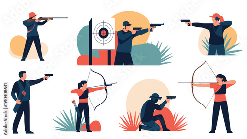 Selection of people practicing target shooting with rifles, handguns, and bows and arrows in various stances and positions.