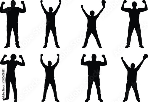 Silhouettes of men flexing muscles and celebrating with arms raised.
