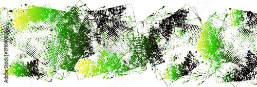 Glitch Distorted Grunge Layer with Yellow and Green Noise, Scratched Texture, Halftone Dots, and Trendy Vector Shapes Overlay.