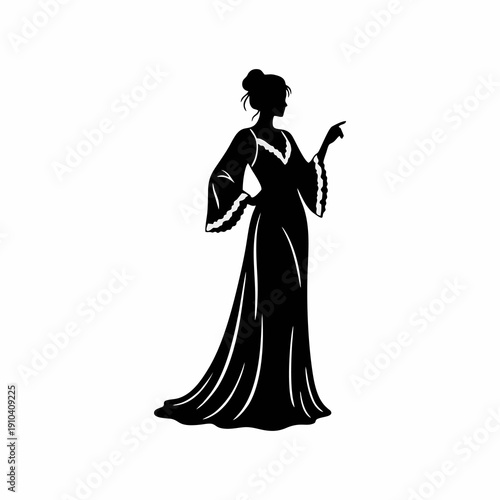Elegant Woman Silhouette in Long Evening Gown and Lace Robe Standing Pose