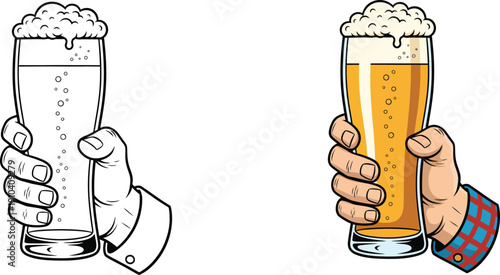 Two illustrations of a hand holding a glass of beer one in color one outlined