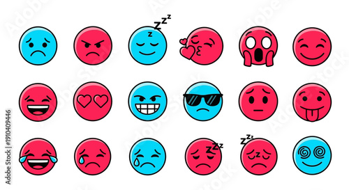 Collection of various emoticon icons in red and blue hues, showcasing different facial expressions and emotions in a graphic illustration