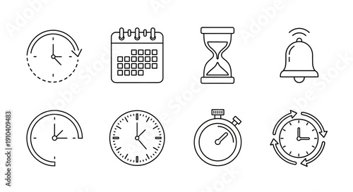 Set of black line icons representing time and scheduling on a clean white background viewed from directly above