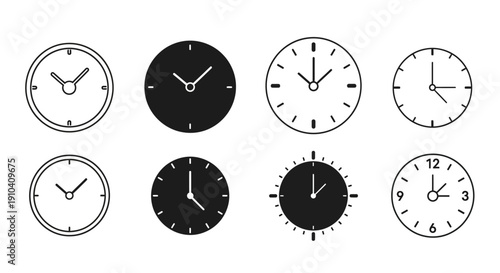 Collection of various clock icons in different styles and designs displayed together on a clean background