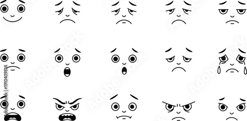 Collection of cartoon facial expressions, emotion icons, sad angry scared faces, emoji set for animation, comic design, illustration, stickers