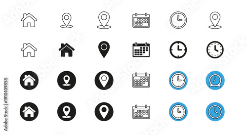 Collection of various icons representing location, time, and objects in different styles and colors