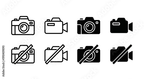 A set of camera icons in various styles and states displayed on a clean background