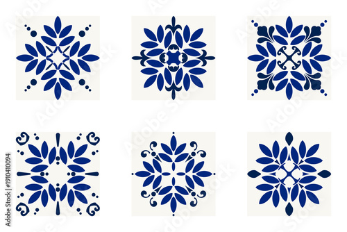 A collection of 6 navy blue floral mandalas inspired by Mediterranean Azulejo tiles.Decorative Backsplash, Antique Floor, Ethnic Motif, Elegant symmetrical vector elements for vintage surface design.