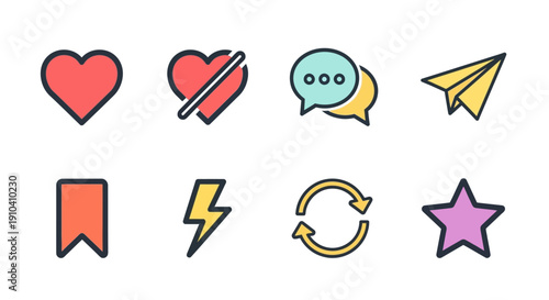 Assorted colorful icons representing various emotions and actions displayed on a neutral background from a straightforward viewpoint