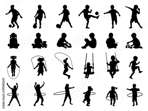Children playing silhouette set of kids active in various sports and fun
