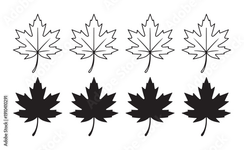 Black and white maple leaf silhouette and outline set for autumn design elements isolated on white background