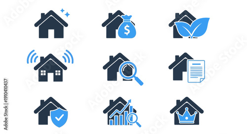 Collection of home and house related icons displayed in a grid layout, focusing on property and real estate concepts