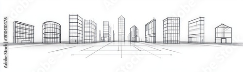 Wallpaper Mural monochrome panoramic architectural wireframe of a city skyline with diverse building outlines, perspective grid and vanishing lines conveying calm, precise conceptual planning Torontodigital.ca