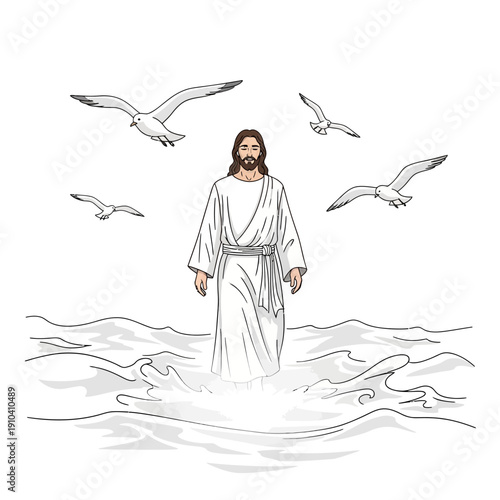 Jesus Christ standing in water with seagulls flying around him