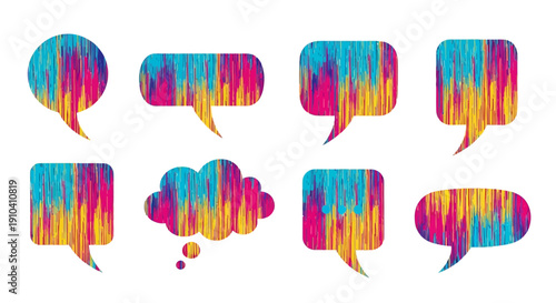 Collection of colorful speech bubbles with vibrant splashes of color, vector icons, modern communication symbols, digital graphics, creative elements