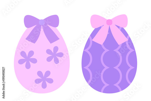 Easter eggs decorated with bows vector set.
Cute Easter egg with ribbon bow illustration.
Pastel Easter eggs with bows clipart collection.
White background. SVG.
