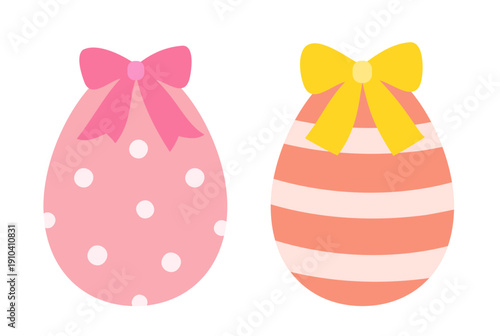 Easter eggs decorated with bows vector set.
Cute Easter egg with ribbon bow illustration.
Pastel Easter eggs with bows clipart collection.
White background. SVG.