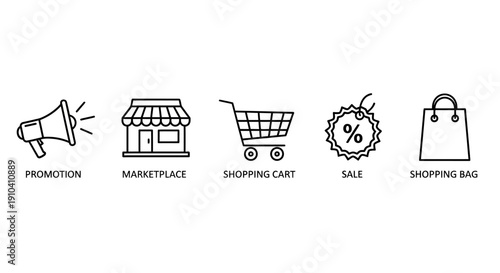 E-commerce icons set including promotion, marketplace, shopping cart, sale, and shopping bag illustrations