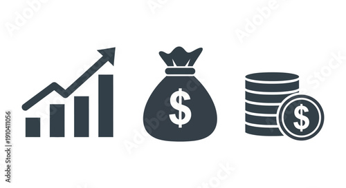 Financial growth illustrated through a bar graph, money bag, and stacked coins with dollar signs
