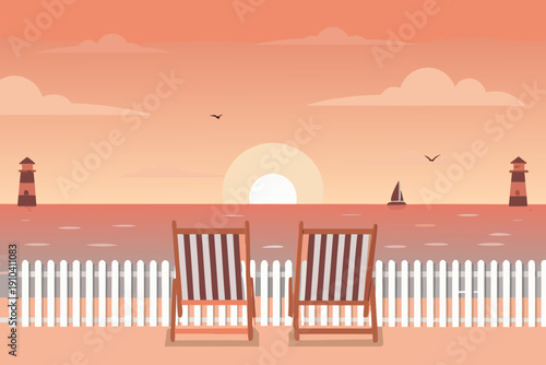 Serene beach scene with deck chairs and a sunset over the ocean