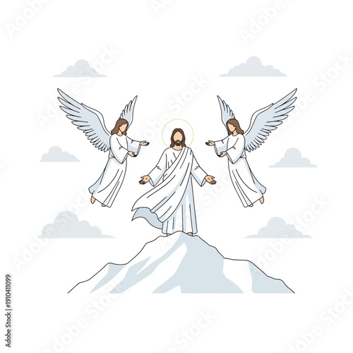 Jesus Christ standing on mountain with angels in white robes