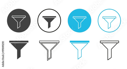 Collection of funnel icons in various styles and colors presented in a grid layout
