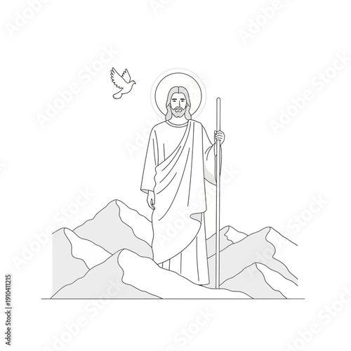 Jesus Christ standing on mountain with dove in minimalist line art style