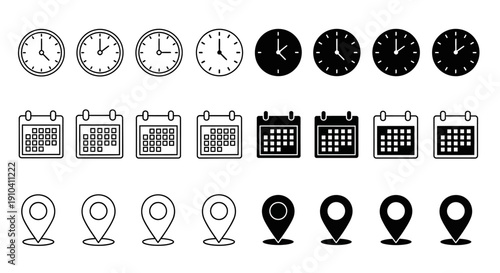 Set of clock, calendar, and map pin icons in various styles displayed together in a grid format