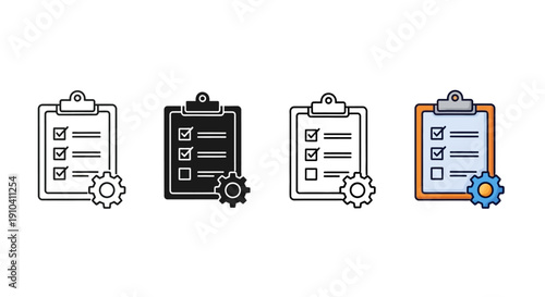 Clipboard icons with checklist and gear symbolizing task management and workflow optimization