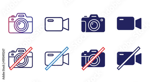 Set of camera, video camera icons in various styles and states on a white background, viewed from directly above.