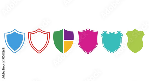 Collection of colorful shield icons in various designs and colors displayed in a row