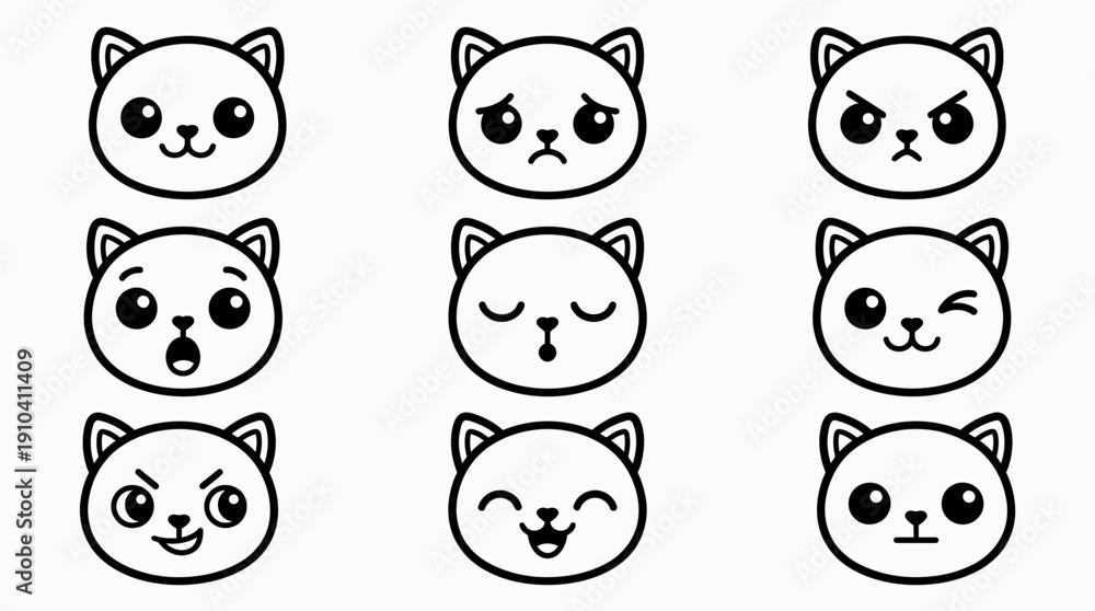 Obraz premium Adorable vector cat face emoticons showcasing a range of feline expressions from happy to sad, designed in a charming flat style