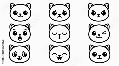 Adorable vector cat face emoticons showcasing a range of feline expressions from happy to sad, designed in a charming flat style