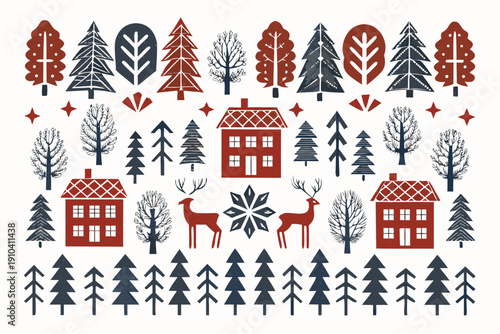 Stylized christmas scene featuring trees houses deer and snowflakes