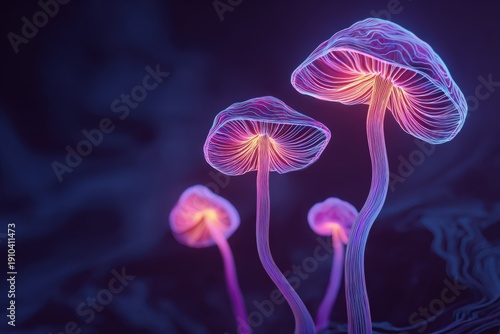 Psychedelic Mushrooms Glowing in Neon Swirling Cosmic Background Illustration