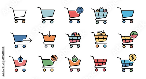 Collection of colorful shopping cart icons in various styles and states, showcasing retail and commerce concepts.