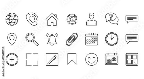 Collection of simple line icons representing various digital elements and actions displayed on a clean white background