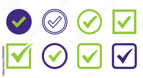 A collection of checkmark icons in various shapes and colors displayed on a clean background from a straightforward viewpoint showcasing approval and validation