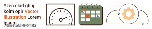 Productivity, time management, efficiency, workflow planning, organization, business process. A speedometer, calendar with tasks and gear symbol connected by arrows. Productivity and workflow