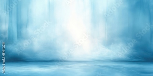 ethereal blue waterfall and mist over a calm reflective water surface, serene and dreamlike atmosphere