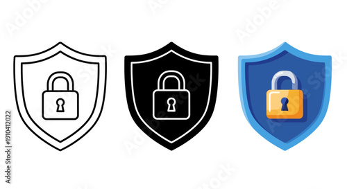 Set of shield icons with padlock symbols representing security and protection concepts in various styles and colors