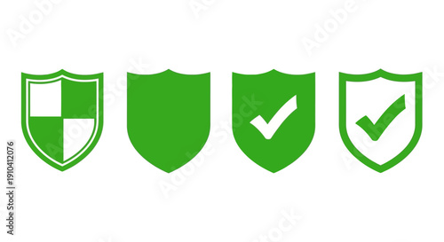 Set of green shield icons with various designs and checkmarks displayed on a neutral background from a straightforward viewpoint