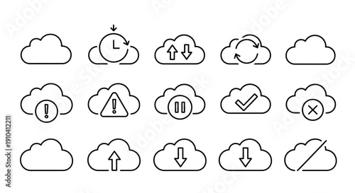 Collection of simple cloud icons with various symbols, representing different weather conditions and actions, in a grid layout, viewed from directly above