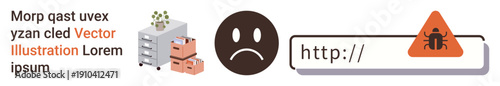 Cybersecurity, internet safety, malware detection, phishing alerts, data breaches, data protection. Sad face icon with storage devices and malware warning symbols. Cybersecurity and internet safety