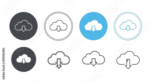 Set of cloud download icons in various styles and colors displayed on a neutral backdrop from a straightforward viewpoint