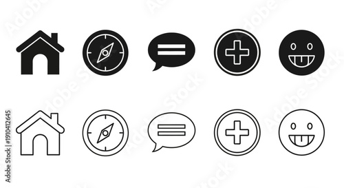 A collection of icons including home, compass, message, medical, and emoticon symbols in various styles on a plain background