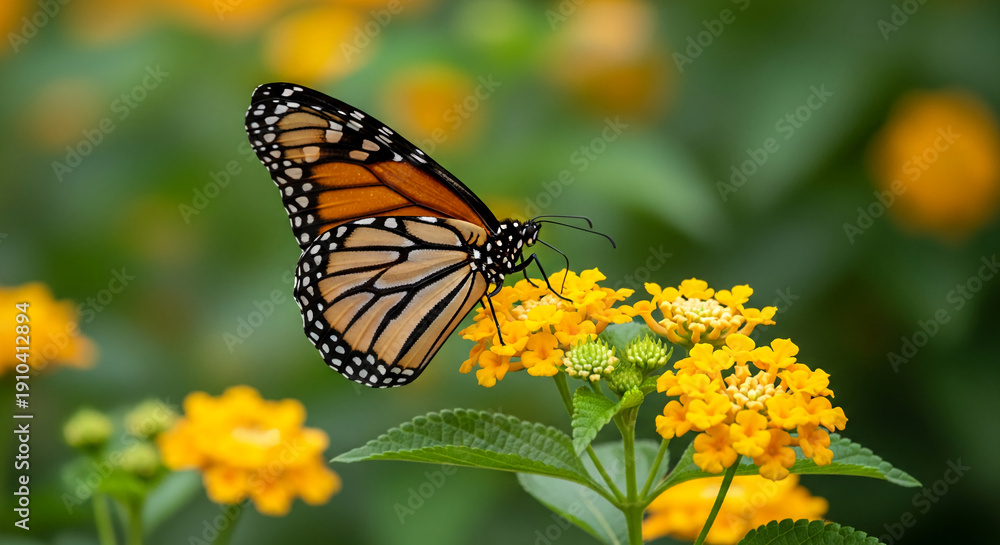 Obraz premium Close-up of monarch butterfly on small yellow flower, showcasing delicate pattern detail, symbolizing nature, transformation and beauty of summer season