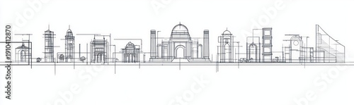 Wallpaper Mural linear architectural skyline sketch of varied buildings with central domed structure, towers, arches and a modern curved building, trees and vehicles, calm precise mood Torontodigital.ca