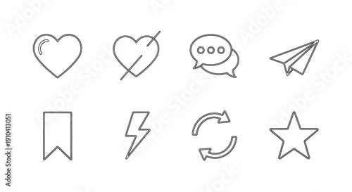 Collection of simple line icons representing social media interactions and emotions displayed on a clean white background from a straightforward viewpoint